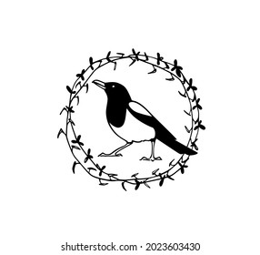 Vector card with hand drawn cute Magpie in a botanical wreath. Ink drawing, graphic style. Beautiful animal design elements.