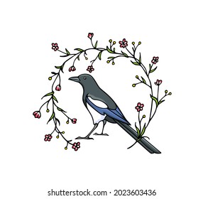 Vector card with hand drawn cute Magpie in a blooming floral wreath. Ink drawing, graphic style. Beautiful animal design elements.