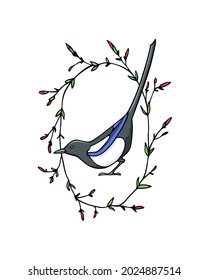 Vector card with hand drawn cute Magpie in graceful floral wreath. Ink drawing, graphic style. Beautiful animal design elements.
