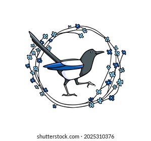 Vector card with hand drawn cute Magpie in blue graceful floral wreath. Ink drawing, graphic style. Beautiful animal design elements.