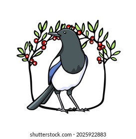 Vector card with hand drawn cute Magpie in graceful cranberry wreath. Ink drawing, graphic style. Beautiful animal design elements, botanical illustration.