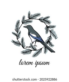 Vector card with hand drawn cute Magpie in a graceful pine wreath. Ink drawing, graphic style. Beautiful Christmas or wild animal design elements.