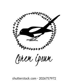 Vector card with hand drawn cute Magpie in black botanical wreath. Ink drawing, graphic style. Beautiful animal design elements.