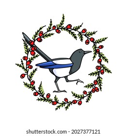 Vector card with hand drawn cute Magpie in graceful floral wreath of jew-tree with red fruit. Ink drawing, graphic style. Beautiful Christmas design elements.