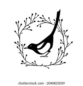 Vector card with hand drawn cute Magpie with its tail high in graceful floral wreath. Ink drawing, graphic style. Beautiful animal illustration, botanical design elements.