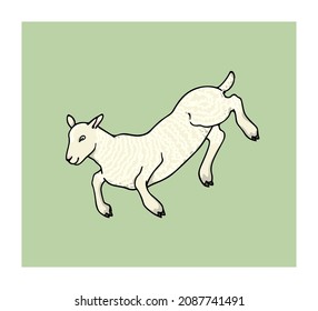 Vector card with hand drawn cute young lamb jumping vividly. Ink drawing, graphic style. Beautiful Easter, nursery or farm products design elements.