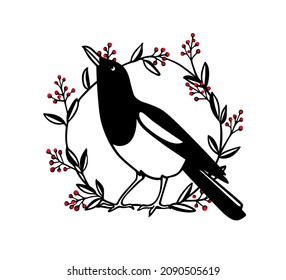 Tarjeta vectorial con la mano dibujada lindo Magpie en flor negro de corona botánica con bayas rojas. Dibujo de tinta, estilo gráfico. Bellos elementos de diseño animal.