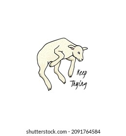 Vector card with hand drawn cute young lamb jumping vividly. Ink drawing, graphic style. Beautiful Easter, nursery or farm products design elements.