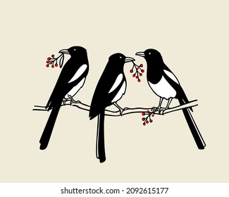 Vektorkarte mit handgezeichneten, süßen Magpies mit roten Beeren, die auf einem Baumzweig sitzen. Tintenzeichnung, Grafikstil. Schöne Valentinstag-Fest-Karte, Tierdesign Elemente.