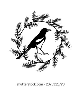 Vector card with hand drawn cute Magpie in pine wreath. Ink drawing, graphic style. Beautiful animal design elements, winter season illustration