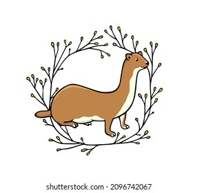 Vector card with hand drawn cute weasel in its summer coat in graceful floral wreath. Beautiful animal design elements, ink drawing.