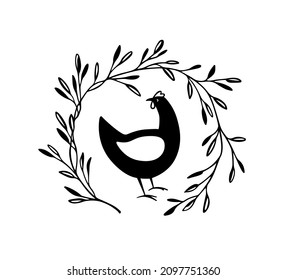 Vector card with hand drawn cute  black hen in graceful floral wreath. Beautiful design elements, ink drawing, logo template