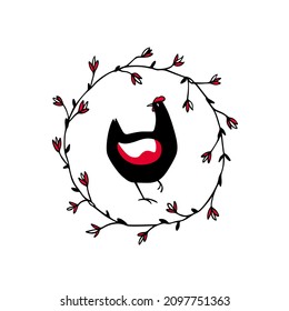 Vector card with hand drawn cute  black hen in graceful floral wreath. Beautiful design elements, ink drawing, logo template