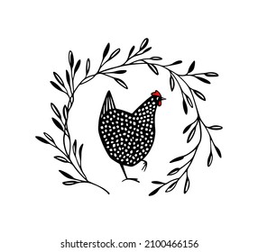 Vector card with hand drawn cute  speckled hen in black floral wreath. Beautiful design elements, ink drawing, logo template