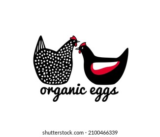 Vector card with hand drawn cute couple of black and speckled hens on their eggs. Beautiful design elements, ink drawing, chicken farm logo template