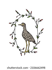 Vector card with hand drawn cute Thick knee with a funny face in graceful floral wreath. Ink drawing, beautiful animal design elements.