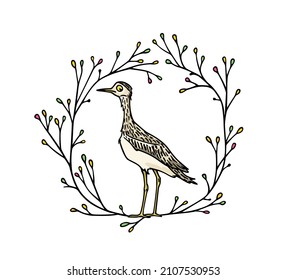 Vector card with hand drawn cute Thick knee with a funny face in graceful floral wreath. Ink drawing, beautiful animal design elements.