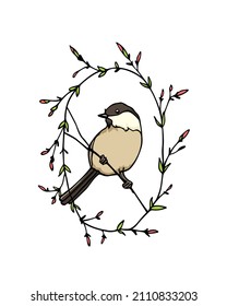 Vector card with hand drawn cute Willow Tit in blooming floral wreath. Ink drawing, beautiful animal design elements. Logo template