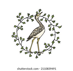 Vector card with hand drawn cute Thick knee with a funny face in graceful leafy wreath. Ink drawing, beautiful animal design elements.