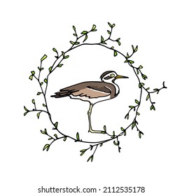 Vector card with hand drawn cute Thick knee with a funny face in graceful floral wreath. Ink drawing, beautiful animal design elements.