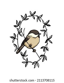 Vector card with hand drawn cute Willow Tit in black floral wreath. Ink drawing, beautiful animal design elements. Logo template