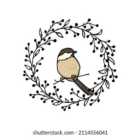 Vector card with hand drawn cute Willow Tit in black floral wreath. Ink drawing, beautiful animal design elements. Logo template