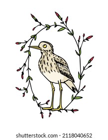 Tarjeta vectorial con la linda rodilla gruesa dibujada a mano con una cara graciosa en una elegante corona floral. Dibujo de tinta, hermosos elementos de diseño animal.