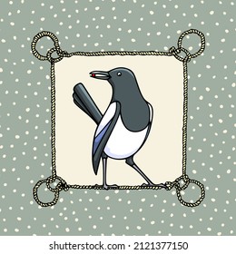 Vector card with hand drawn cute Magpie in nautical rope frame on snowy background. Ink drawing, graphic style. Beautiful animal illustration.