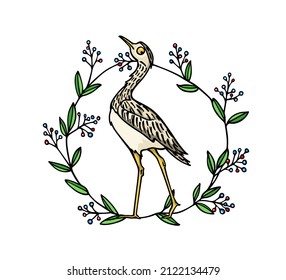 Vector card with hand drawn cute Thick knee with a funny face in graceful floral wreath with berries. Ink drawing, beautiful animal design elements.