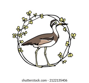 Vector card with hand drawn cute Thick knee with a funny face in graceful floral wreath. Ink drawing, beautiful animal design elements.