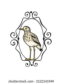 Vector card with hand drawn cute Thick knee with a funny face in graceful vintage frame. Ink drawing, beautiful animal design elements.