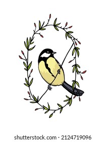 Vector card with hand drawn cute Grand Tit in graceful floral wreath. Ink drawing, beautiful animal design elements. Logo template