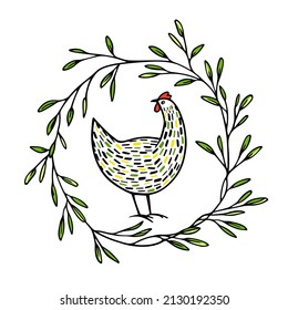 Vector card with hand drawn cute colorful hen in green leafy floral wreath. Beautiful design elements, ink drawing, logo template