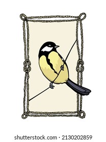 Vector card with hand drawn cute Great Tit in vintage rope frame. Ink drawing, beautiful animal design elements. Logo template