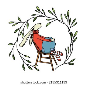 Vector card with hand drawn cute hare sitting on a chair in green floral wreath. Ink drawing, graphic style. Beautiful Easter celebration design elements.