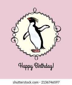 Vector card with hand drawn cute Macaroni penguin in graceful frame. Ink drawing, funny illustration, beautiful animal and birthday greetings design elements.