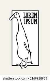 Vector card with hand drawn cute Indian Runner duck in austere frame. Ink drawing, graphic style. Beautiful farm products design elements, logo template svg
