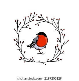 Vector card with hand drawn cute bullfinch in black floral wreath. Beautiful animal and Christmas design elements, ink drawing, graphic style. Logo template