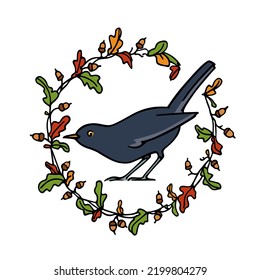 Vector card with hand drawn cute blackbird in floral oak wreath. Beautiful animal design elements, ink drawing, graphic style. Logo template