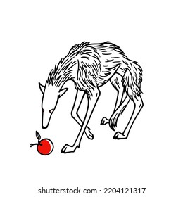 Vektorkarte mit handgezeichnet süßem Wolf, der nach einem reifen roten Apfel sehnt. Tintenzeichnung, Grafikstil, lustige Illustration. Schöne Design-Elemente. 