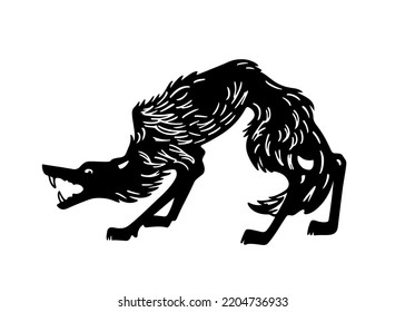 Vector card with hand drawn cute skinny growling wolf. Ink drawing, graphic style. Beautiful wild nature design elements. Tattoo or logo template 