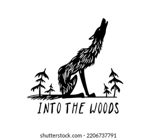 Vector Card With Hand Drawn Cute Skinny Howling Wolf In The Woods. Ink Drawing, Graphic Style. Beautiful Design Elements, Logo Template