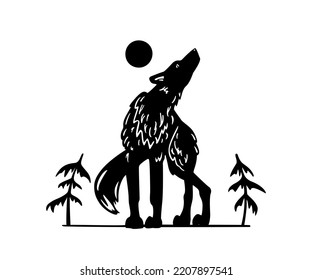 Vector Card With Hand Drawn Cute Howling Wolf In The Lunar Woody Landscape. Ink Drawing, Graphic Style. Beautiful Design Elements, Logo Template