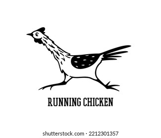 Vector card with hand drawn cute running chicken. Beautiful ink drawing, heavy contour, graphic style. Perfect elements for food or farming design.