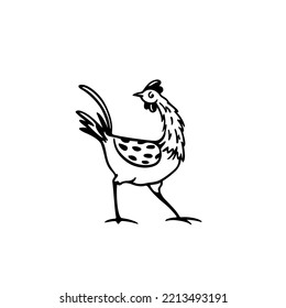 Vector card with hand drawn cute funny chicken. Beautiful ink drawing, heavy contour, graphic style. Perfect elements for food or farming design.