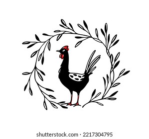 Vector card with hand drawn cute funny chicken in graceful floral wreath. Beautiful ink drawing, heavy contour, graphic style. Perfect elements for food or farming design.