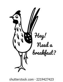 Vector card with hand drawn cute funny chicken offering a breakfast. Beautiful ink drawing, heavy contour, graphic style. Perfect elements for food or farming design.