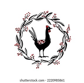 Vector card with hand drawn cute funny chicken in graceful floral wreath with red berries. Beautiful ink drawing, heavy contour, graphic style. Perfect elements for food or farming design.