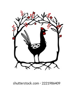 Vector card with hand drawn cute funny chicken in graceful floral wreath with red berries and flowers. Beautiful ink drawing, heavy contour, graphic style. Perfect elements for food or farming design.