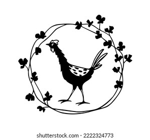 Vector card with hand drawn cute funny chicken in graceful floral wreath. Beautiful ink drawing, heavy contour, graphic style. Perfect elements for food or farming design.